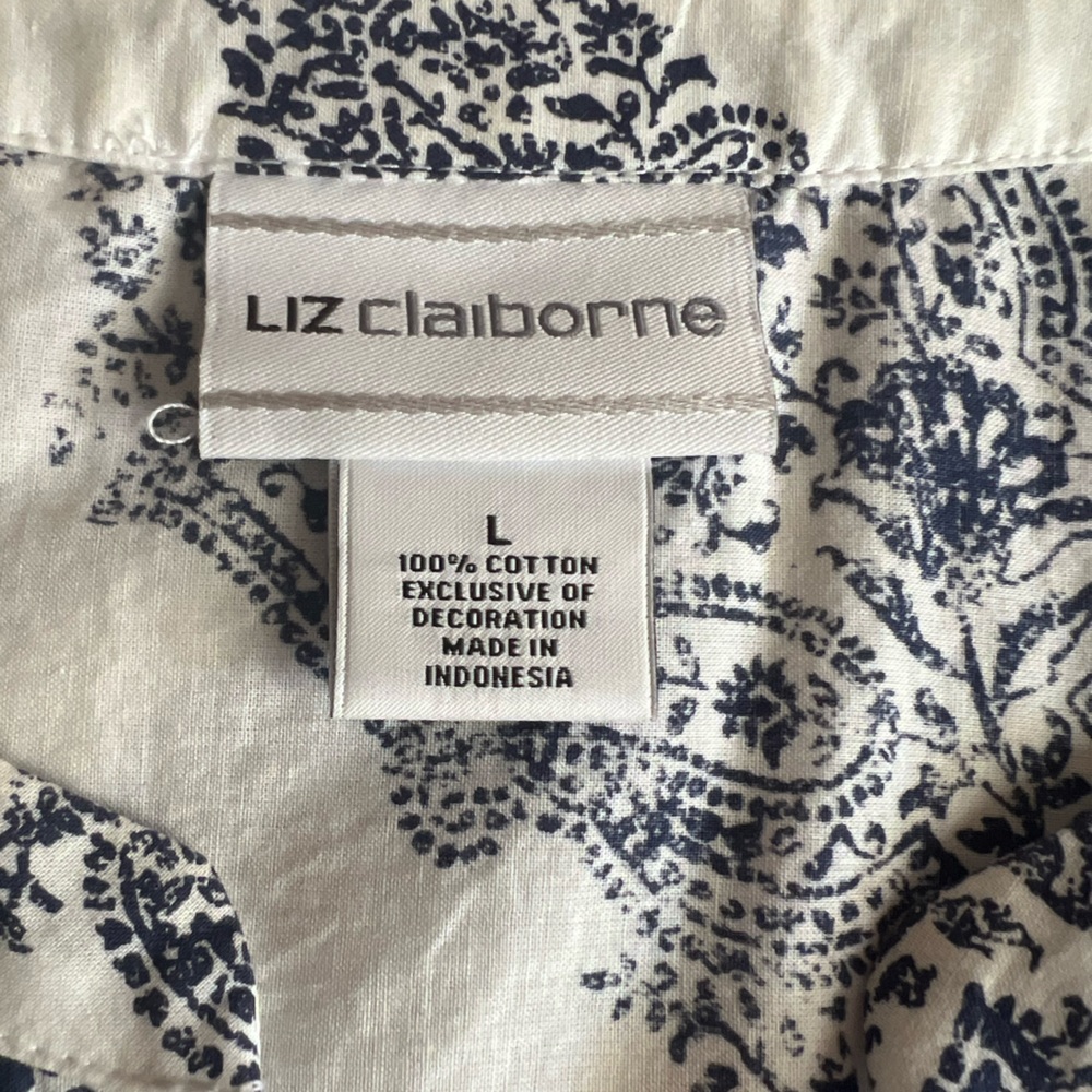 Liz Claiborne Navy and White Paisley Tunic Embroidery 3/4 Sleeves 100% Cotton LG - Picture 6 of 11